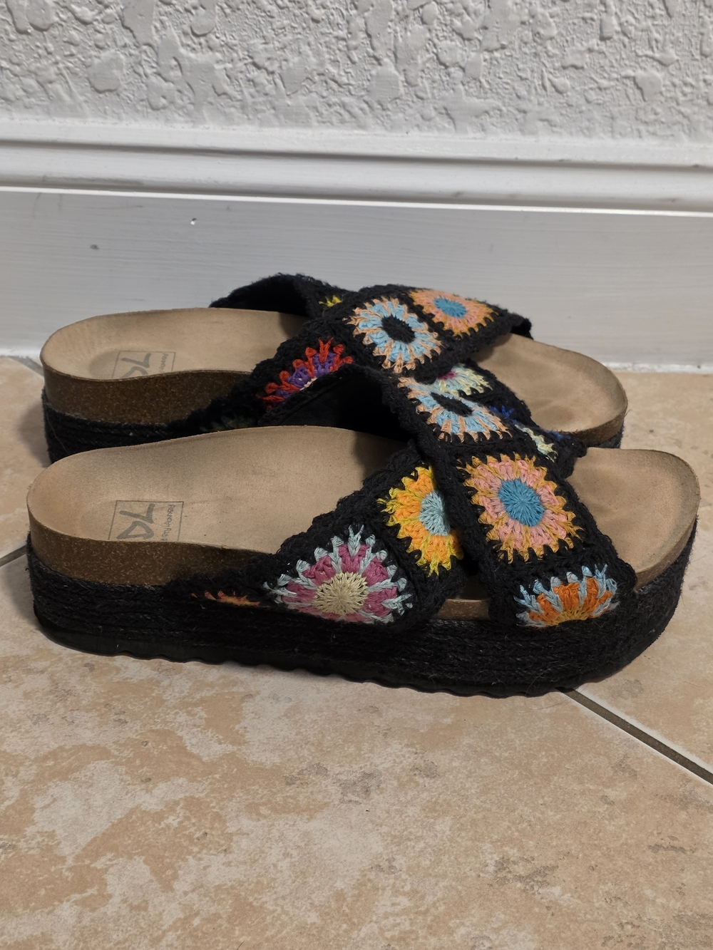 Black Crochet Platform Slide Sandals with Multicolor Floral Accents